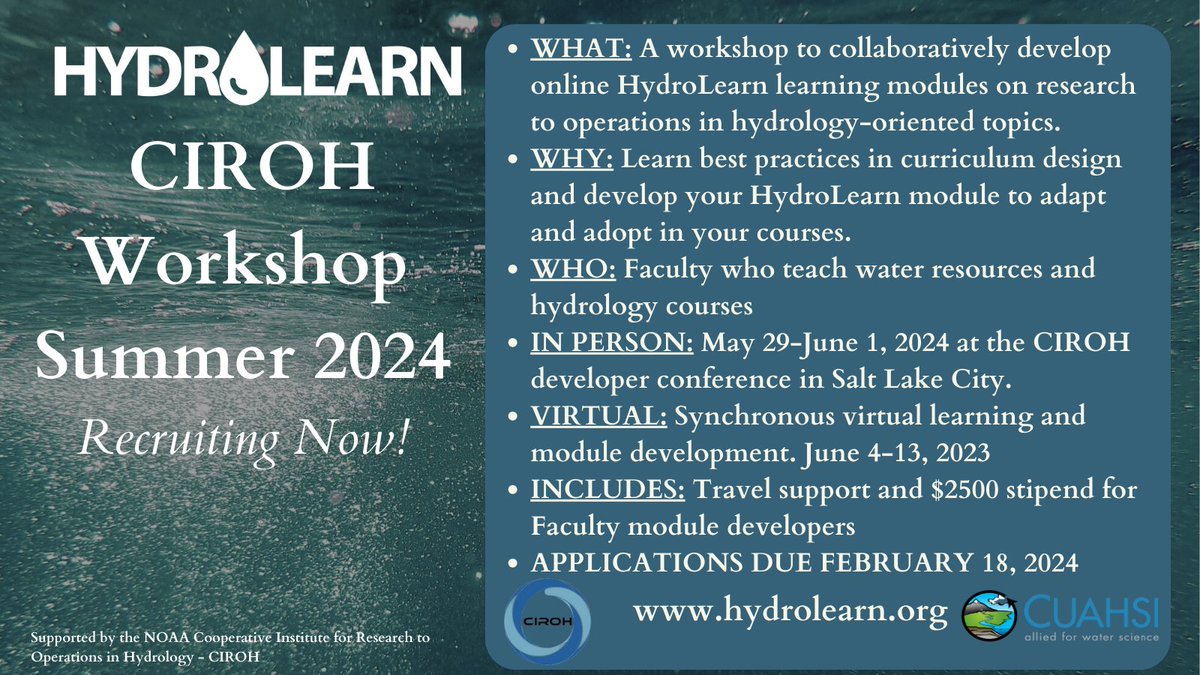 HydroLearn (@hydrolearn) on Twitter photo Calling water resources instructors! Join HydroLearn <a href="/UA_CIROH/">CIROH at The University of Alabama</a> Hackathon & Workshop (5/29 - 6/1 in person & 6/4-13 virtual)! Develop engaging learning material, collaborate with experts. Travel+stipend included #hydrology #water Apply by 2/18: tinyurl.com/HLCIROH24 Calling water resources instructors! Join HydroLearn <a href="/UA_CIROH/">CIROH at The University of Alabama</a> Hackathon & Workshop (5/29 - 6/1 in person & 6/4-13 virtual)! Develop engaging learning material, collaborate with experts. Travel+stipend included #hydrology #water Apply by 2/18: tinyurl.com/HLCIROH24