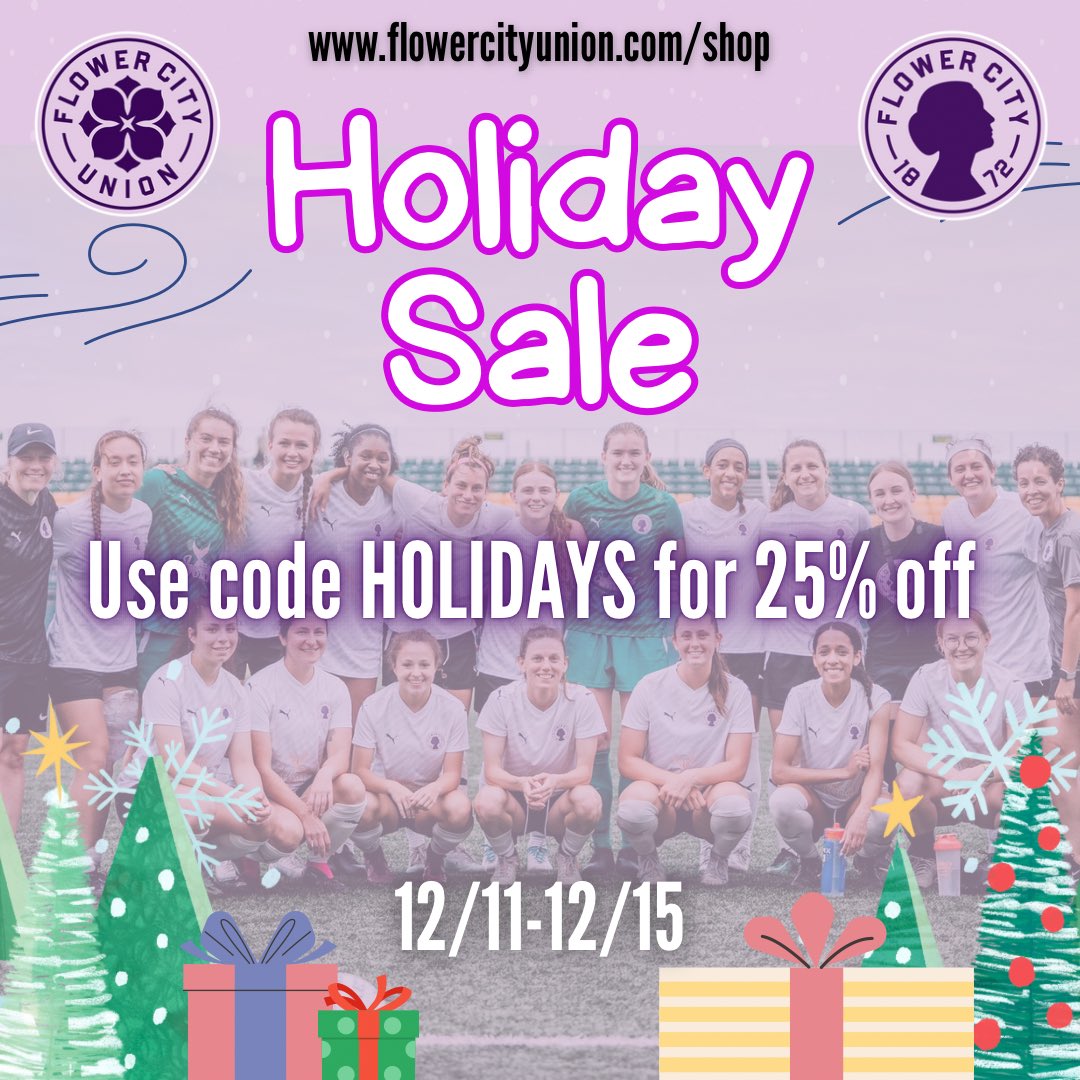 Give the gift of @FlowerCityUnion & Flower City 1872 merch this holiday season! Use code HOLIDAYS now through Friday to receive 25% off anything in our team store! Visit flowercityunion.com/shop to see all our new inventory. 

#uptheunion🌸 #rochesterny