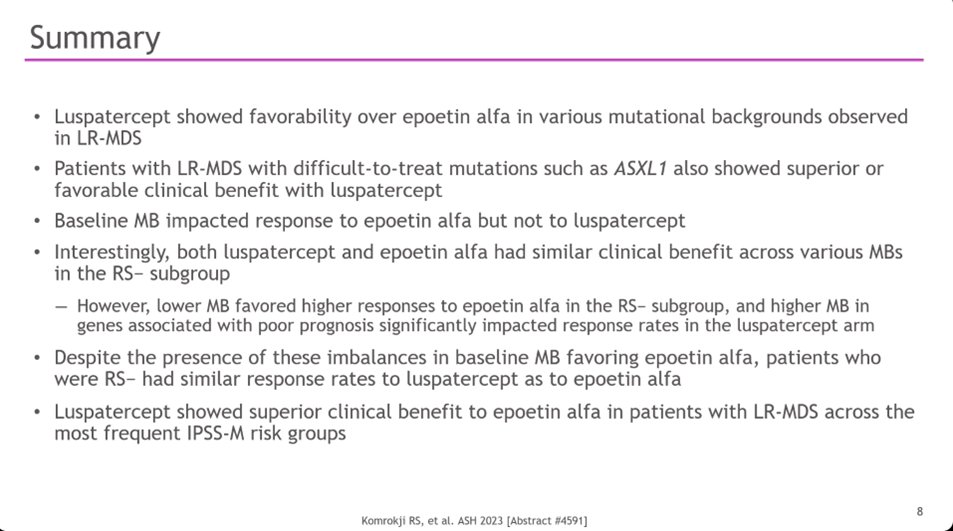 CONGRESS | #ASH23 Rami Komrokji @Ramikomrokji @MoffittNews presents a mutational burden analysis from the COMMANDS trial. ▪️Luspatercept showed broad activity across MDS-associated mutations, including difficult-to-treat ASXL1 ▪️Response rates increased with luspatercept vs…