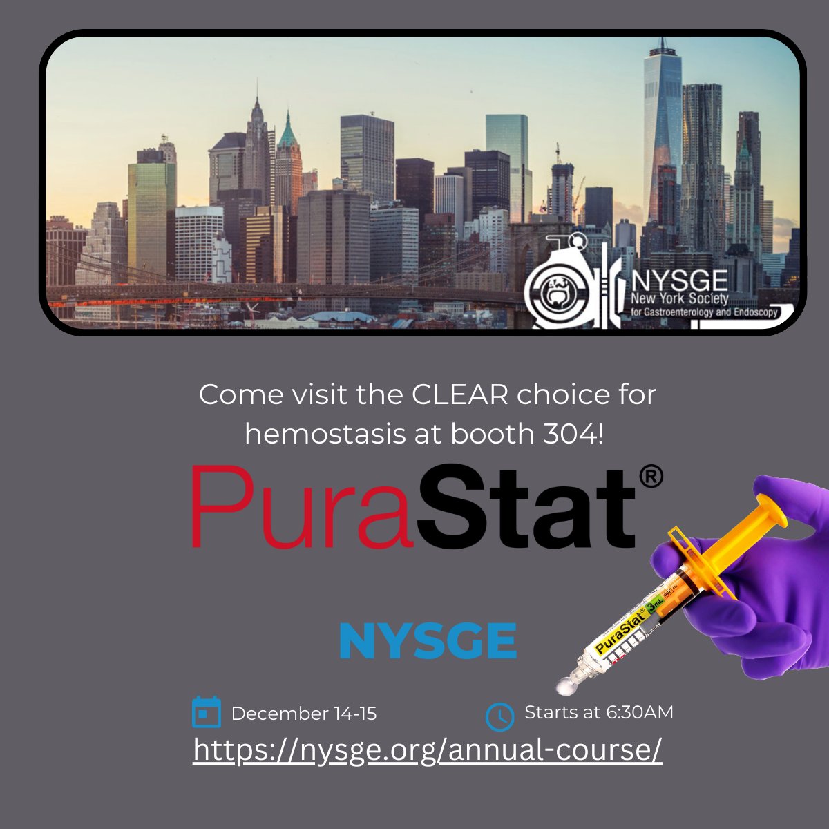 3-D Matrix is very excited to be at the @NYSGE annual course later this week! Come visit the *clear* choice for hemostasis at booth 304! Make sure to click the link below to see the faculty, and the course schedule as well! #PuraStat #GItwitter