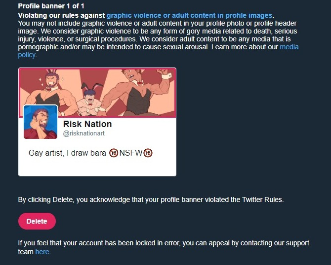 Apparently for X, 3 men in bunny suits are too explicit to put as a banner. I was banned from using my account unless I removed it. I tried to appeal and been waiting a whole week for a response, but I don't wanna leave it like this, so here is the terrible hate crime I committed