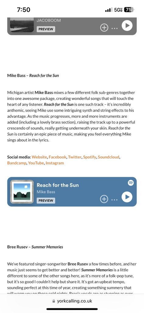 Thank you for the lovely review of Reach for the Sun @york_calling! 🎶🤘☀️
.
#musicreview #songreview #reachforthesun #folk #americana #indiefolk #yorkcalling