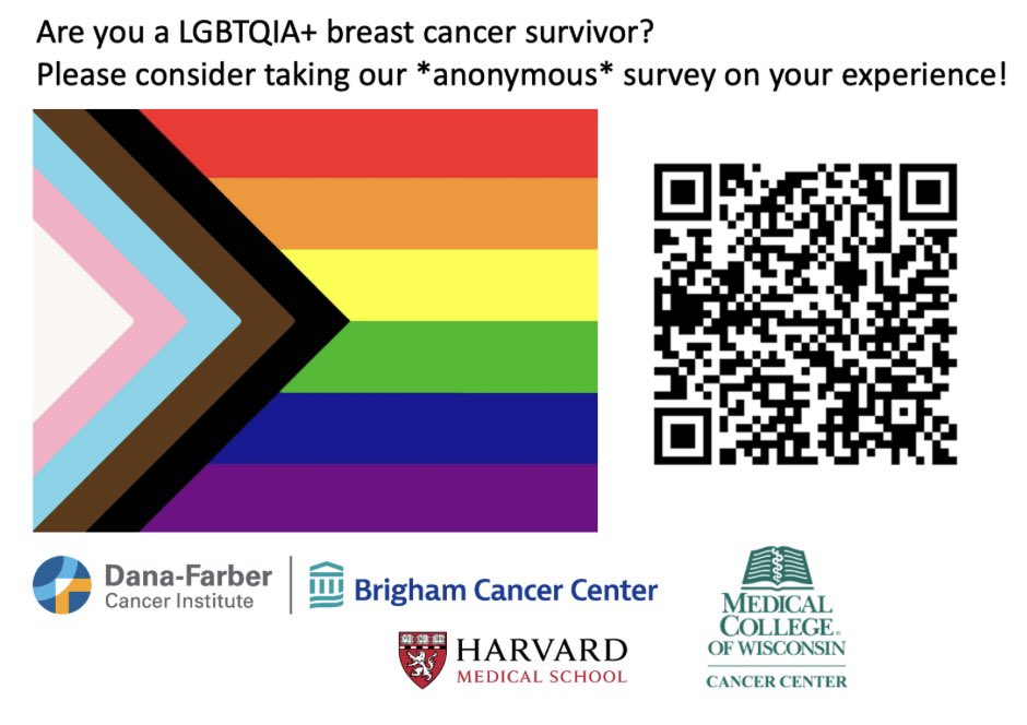 Our research team is interested in the experiences of #LGBTQIA+ persons with #breastcancer. Please consider taking our *anonymous* survey! 📋👇 #GSM #LGBTQ @QueeringCancer @cancerLGBT @LGBTCancer @LGBTCancerRes @itsLGBTQhealth @transcancerzine qfreeaccountssjc1.az1.qualtrics.com/jfe/form/SV_9A…