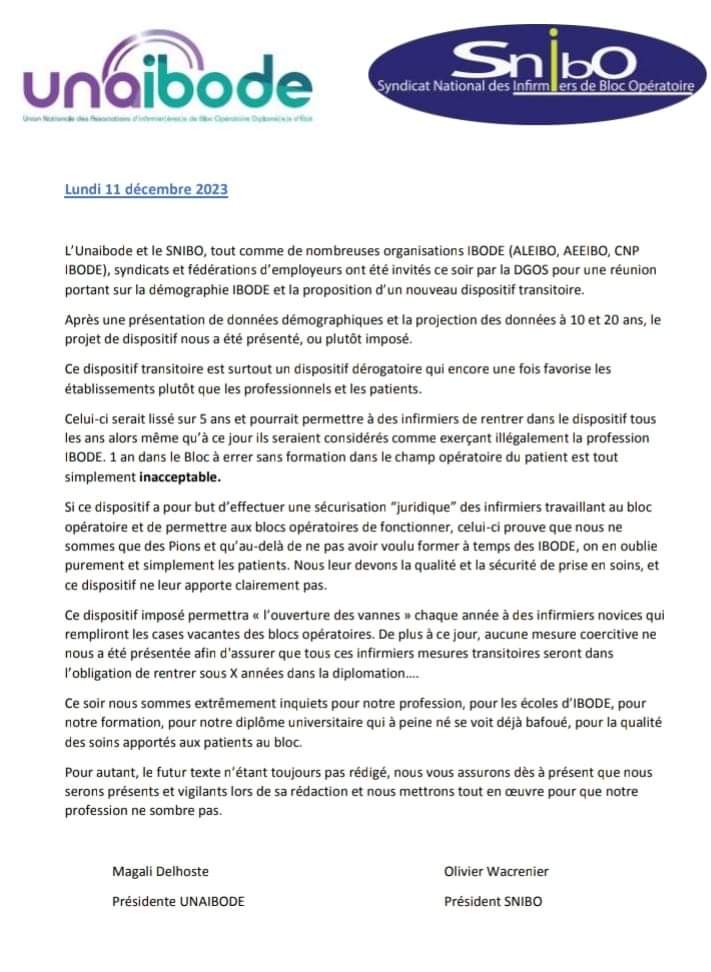 unaibode's tweet image. Ce soir nous sommes extrêmement inquiets pour notre profession, pour les écoles d’#IBODE, pour notre formation, pour notre diplôme universitaire qui à peine né se voit déjà bafoué, pour la qualité des soins apportés aux patients au bloc.