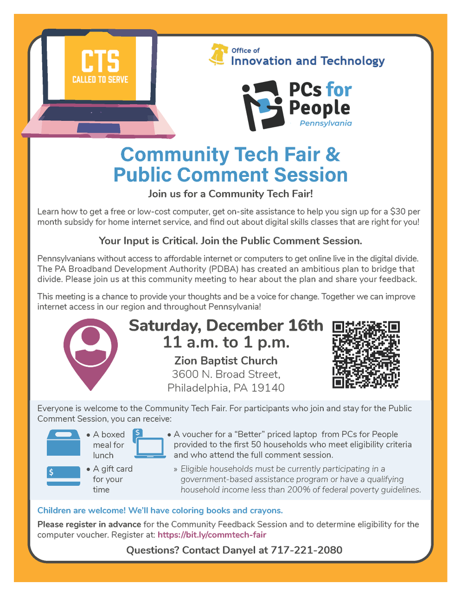 Join us for a community tech fair! 🗓️Saturday, December 16 ⏰11 a.m. - 1 p.m. 📍3600 N. Broad St. Learn how to get a free or low-cost computer, get on-site assistance to help you sign up for a $30/month subsidy for home internet service and find out about digital skill classes!