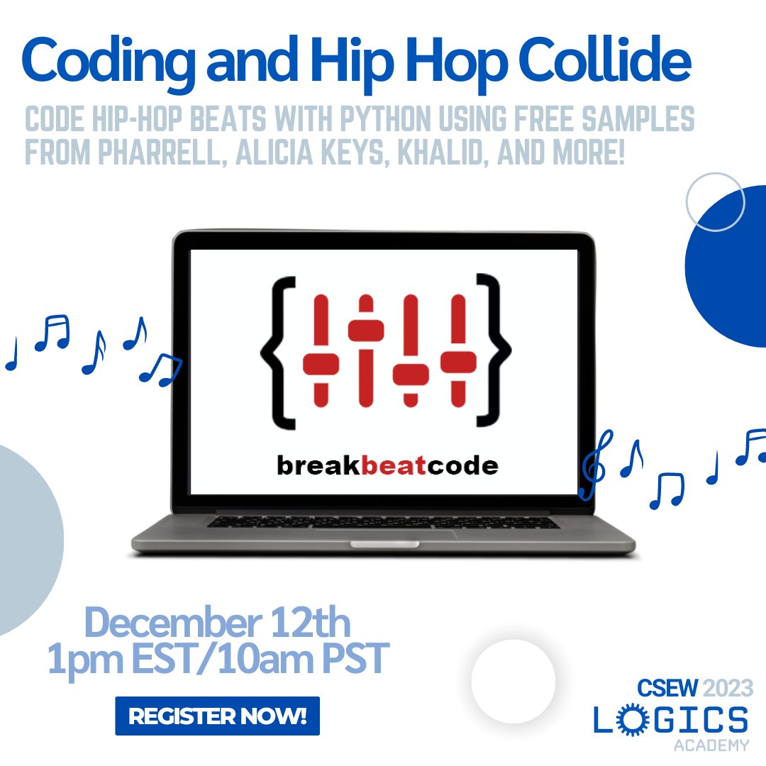 🎤🚀 Dive into the beat-making universe at Coding and Hip-Hop Collide! 🎶💻 Join us on December 12 at 1:00pm EST for a session with Google Canada, where your students can blend Python coding with the hottest beats! Register for CSEW now: logicsacademy.com/csew2023/ #CSEW