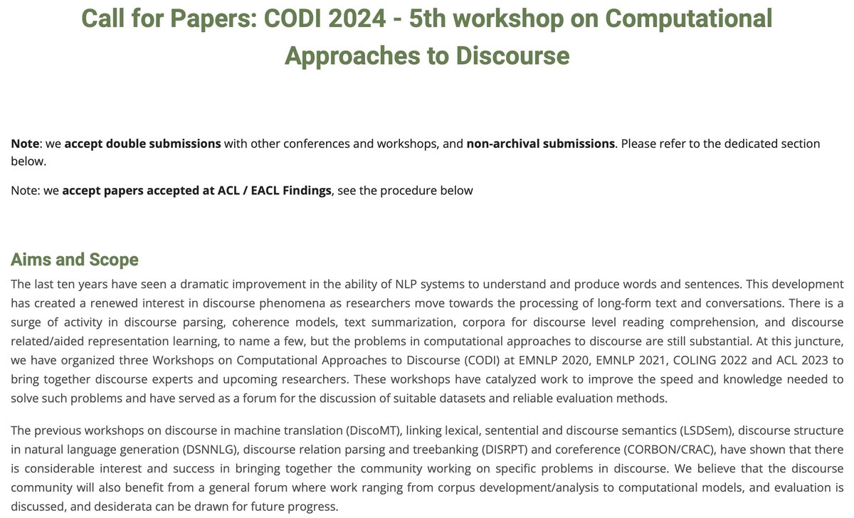 Working on long document/context? Coherence? Incorporating contextual knowledge in NLP tasks? Classic discourse? Anaphora? 

The CODI workshop will take place with EACL, deadline Dec 20. Findings/double submission welcome!
sites.google.com/view/codi2024/…