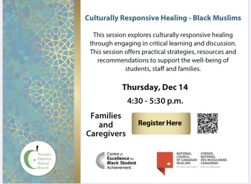 Join us as we explore culturally responsive healing for Black Muslims. Session offers resources to support the creation of safe and inclusive learning environments that support those who have been impacted by Anti-Black Islamophobia.
 
Register at bit.ly/3GzikKU
#tdsb