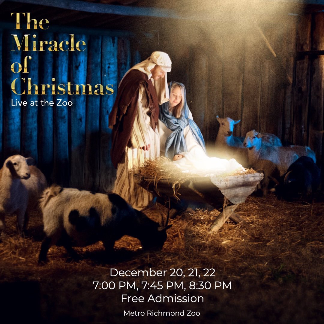 The Miracle of Christmas is back this December 20, 21, and 22! All are invited to attend this live nativity pageant with animals from the zoo. There are 3 shows each evening at 7:00, 7:45, and 8:30 PM. Admission and parking are FREE. More: metrorichmondzoo.com/moc/
