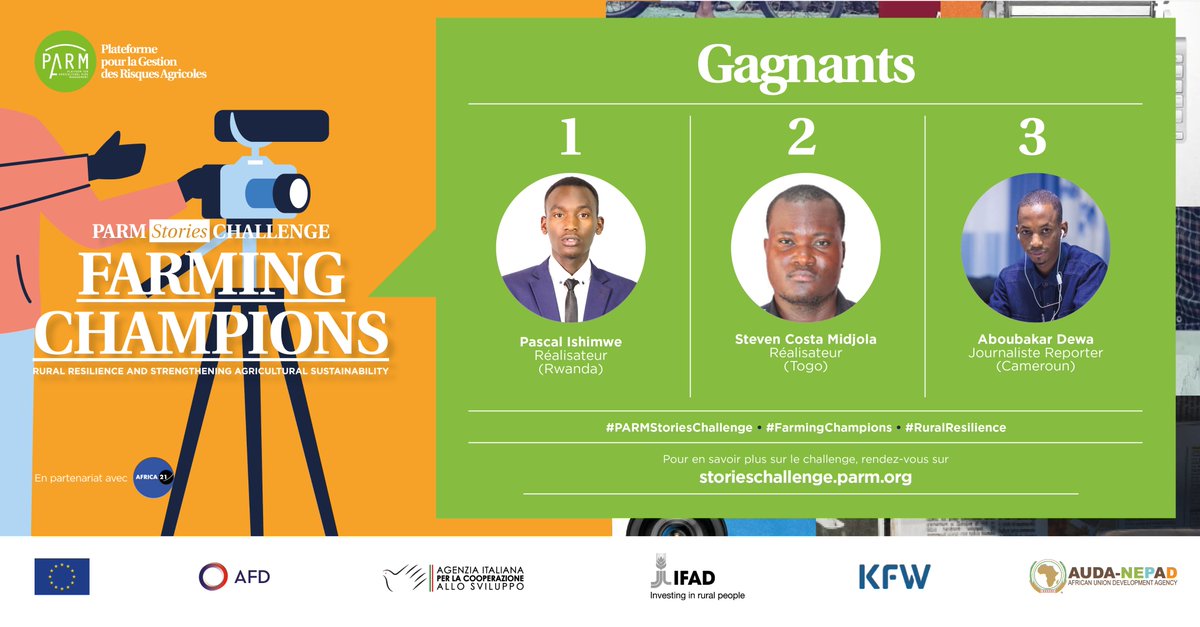 🎉 Et les gagnants de la première édition du #PARMStoriesChallenge sont....

🥇 Pascal Ishimwe, Réalisateur, #Rwanda 🇷🇼
🥈 <a href="/StevenMidjola/">Steve Costa MIDJOLA</a>, Réalisateur, #Togo 🇹🇬
🥉 <a href="/dewa_aboubakar/">Dewa Aboubakar</a>, Journaliste Reporter, #Cameroun 🇨🇲

Découvrez les vidéos de nos top gagnants qui ont non seulement