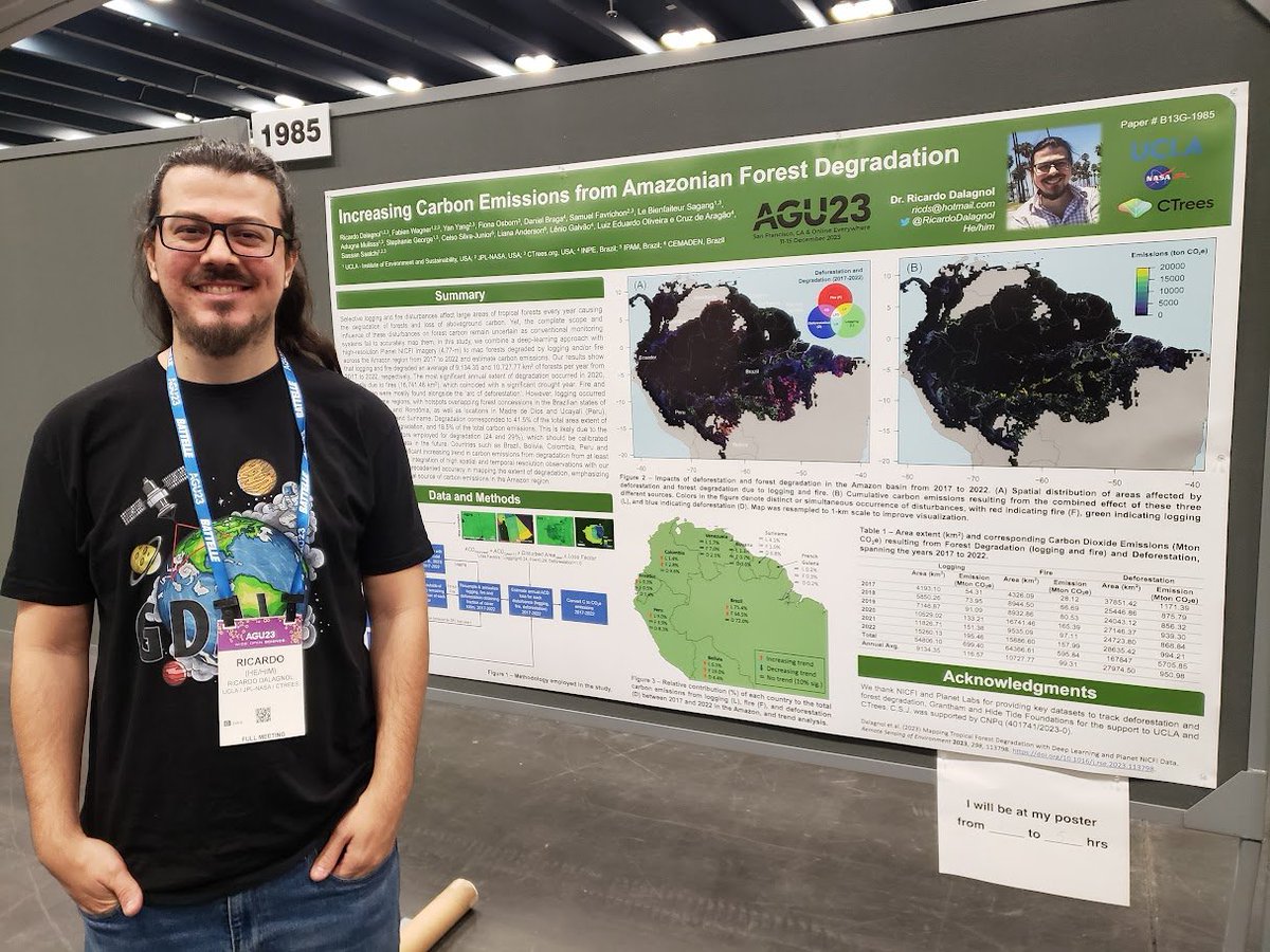 Come and chat about Amazon forest #degradation mapping using #PlanetNICFI and emissions estimates at my poster today in #AGU23. I present some preliminary estimates and would love to discuss ideas on improving and moving forward! : )