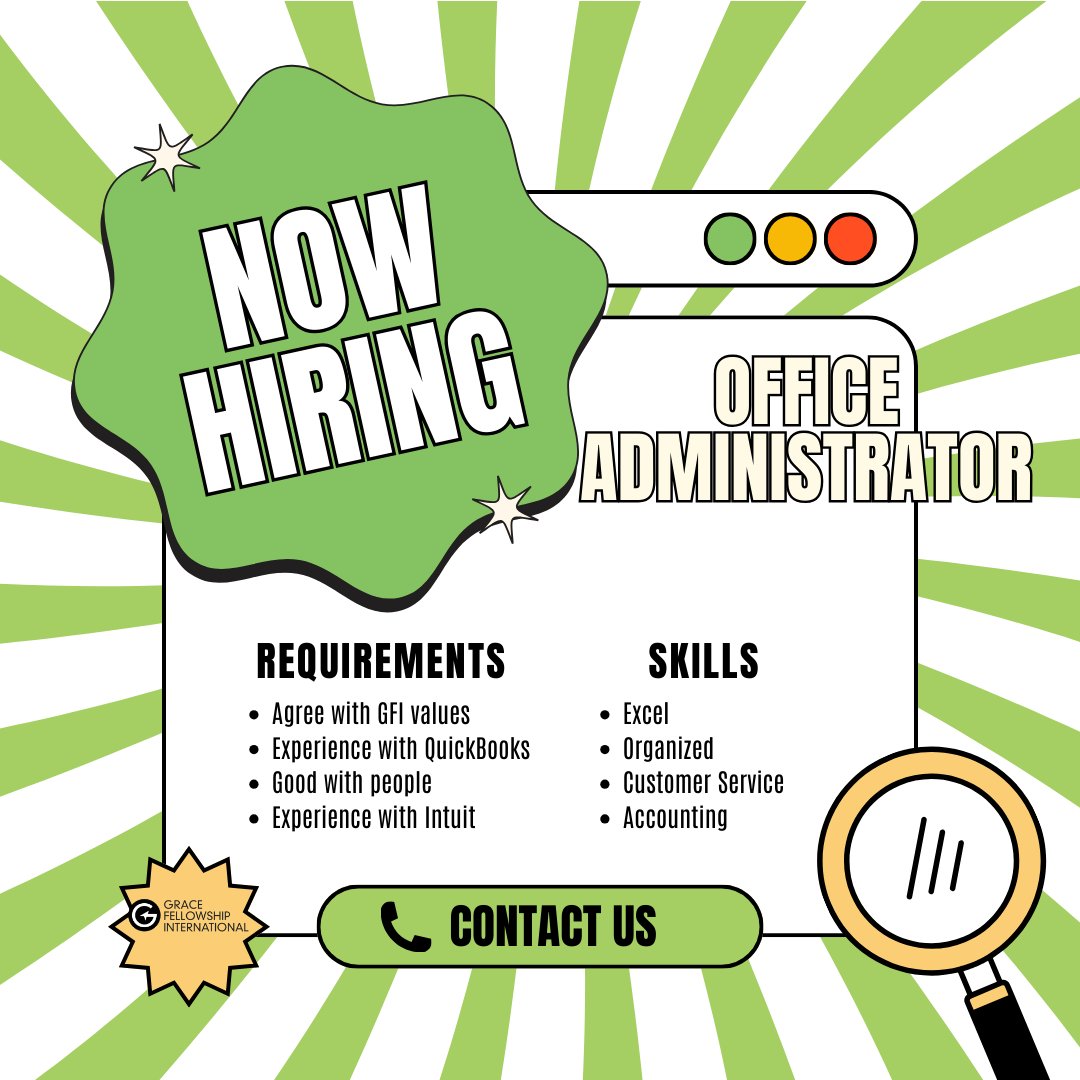 gfiworld's tweet photo. We are hiring an Office Administrator here at GFI.  If you are interested, please email: Mark@gracefellowshipinterntional.com
Salary based on experience and a job description is available upon request. https://t.co/j4ibhi4vVZ