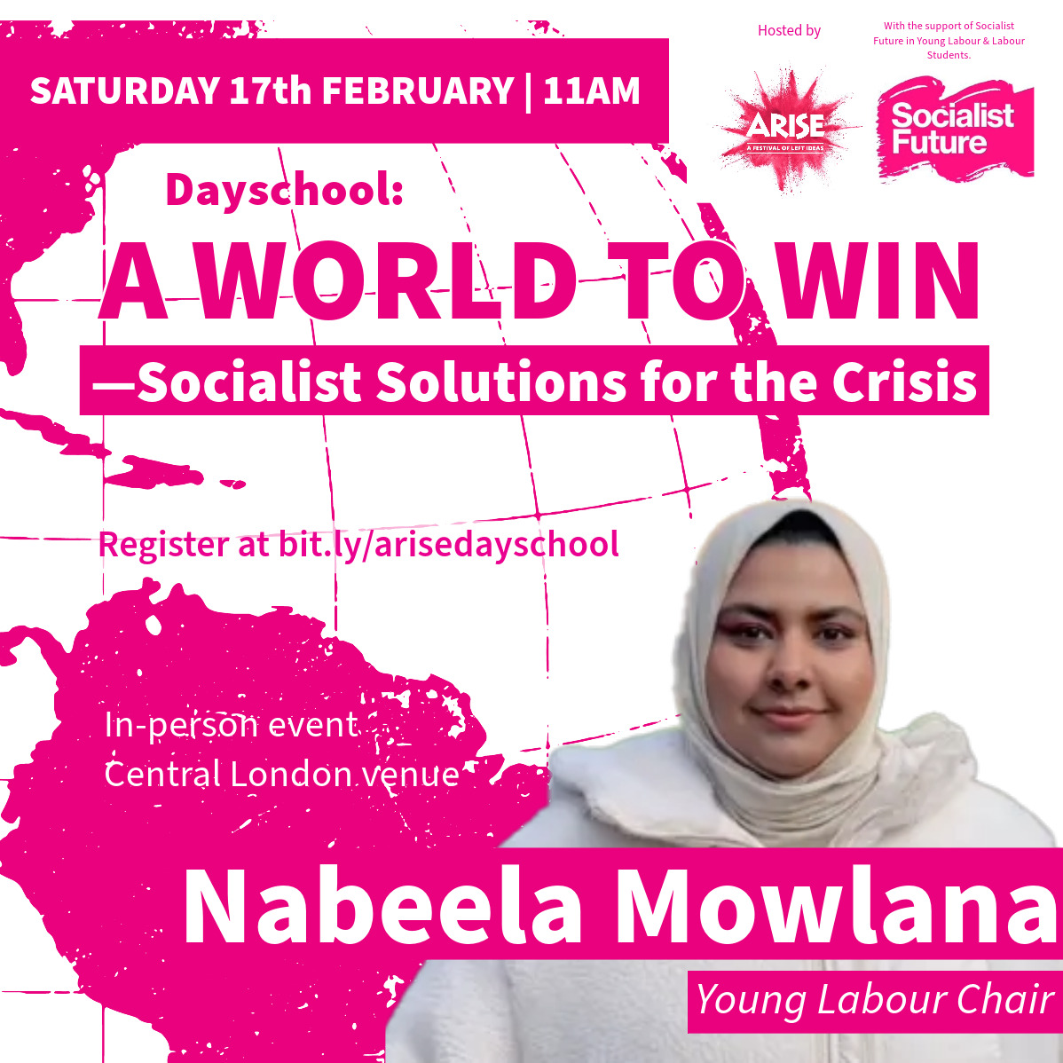 Young voices are leading the call for radical policies to tackle the crises we face - from the environment to health to housing 📣🚩💬 Hear from @nabeelamowlana, Young Labour Chair, and many more young activists at our Day School on Feb 17th! Register at bit.ly/arisedayschool