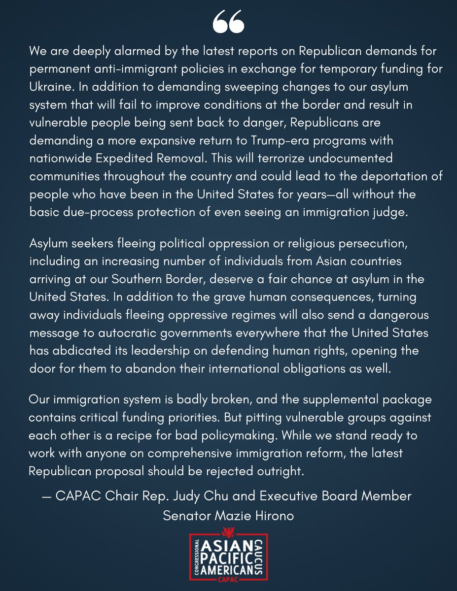 Today, CAPAC Chair @RepJudyChu & @maziehirono issued a statement opposing the inclusion of draconian immigration policy changes as part of a supplemental foreign aid package: capac-chu.house.gov/press-release/…