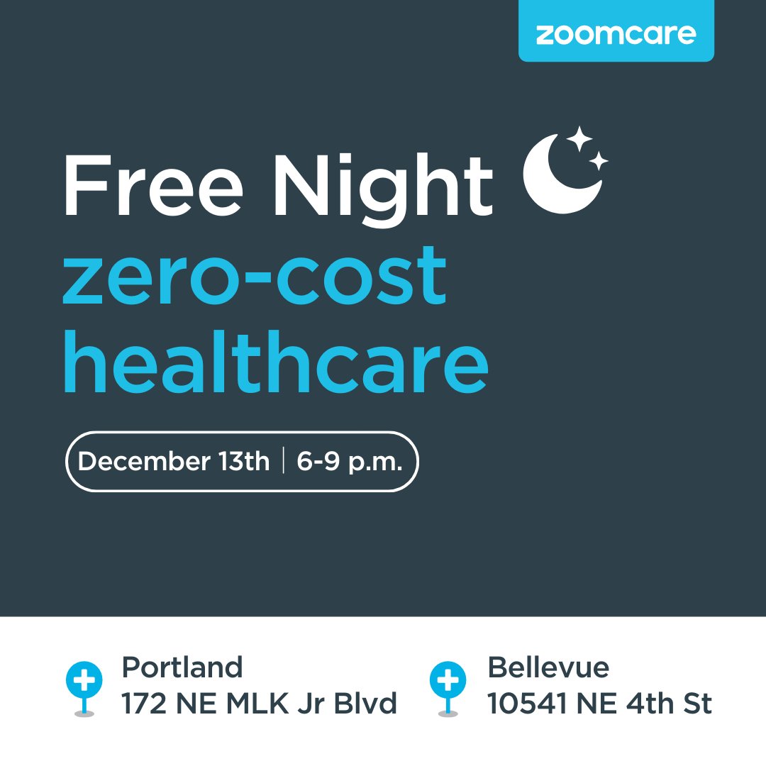 ZoomCare Free Night is this week! This Wednesday, December 13th, from 6-9PM, we'll be hosting a night of free healthcare at our Portland MLK clinic and Seattle Bellevue clinic. Please bring photo ID. Scheduling begins at 5:45 PM.

#ZoomCare #BeyondBetter #ZoomCareFreeNight