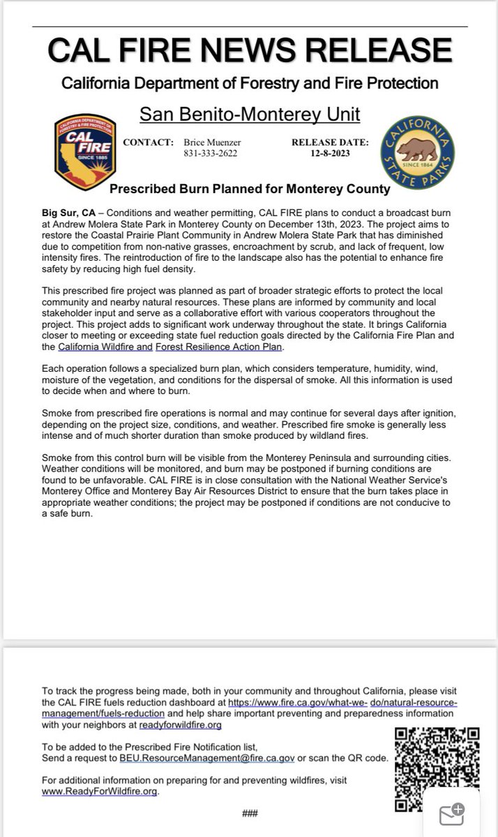 Conditions and weather permitting, CAL FIRE plans to conduct a broadcast burn at Andrew Molera State Park in Monterey County on December 13th, 2023. The project aims to restore the Coastal Prairie Plant Community in Andrew Molera State Park.