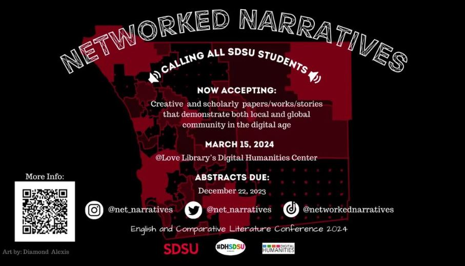 sdsuecl's tweet photo. Showcase your creative or scholarly work at @Net_Narratives : Transcending Borders-- an upcoming Spring 2024 conference hosted by the grad students of the ECL department.

Submit abstracts to networkednarratives.sdsu@gmail.com by Dec. 22, 2023. https://t.co/OCuSvMLzpF