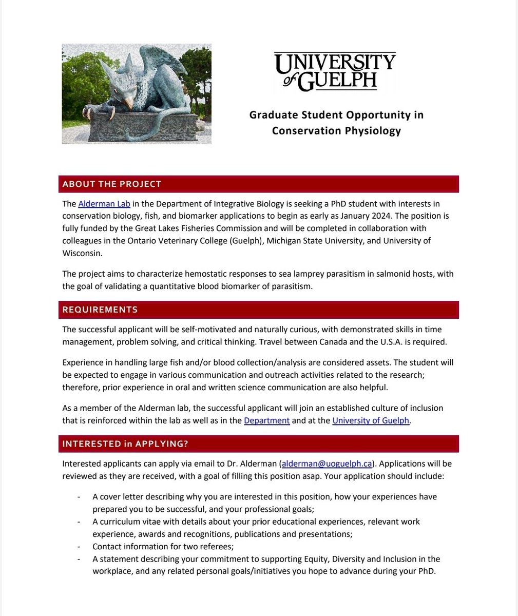 🐟Graduate student opportunity🐟 . The @aldermanlab at @uofg is recruiting a PhD student with an interest in conservation biology, fish & biomarker applications to start as early as January 2024! . See attached for details