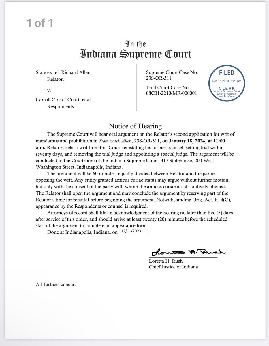 fien_X's tweet image. BREAKING: INDIANA SUPREME COURT ORAL ARGUMENTS SET FOR 1/18.

#DelphiMurders
#JusticeForLibbyAndAbby
#RichardAllen