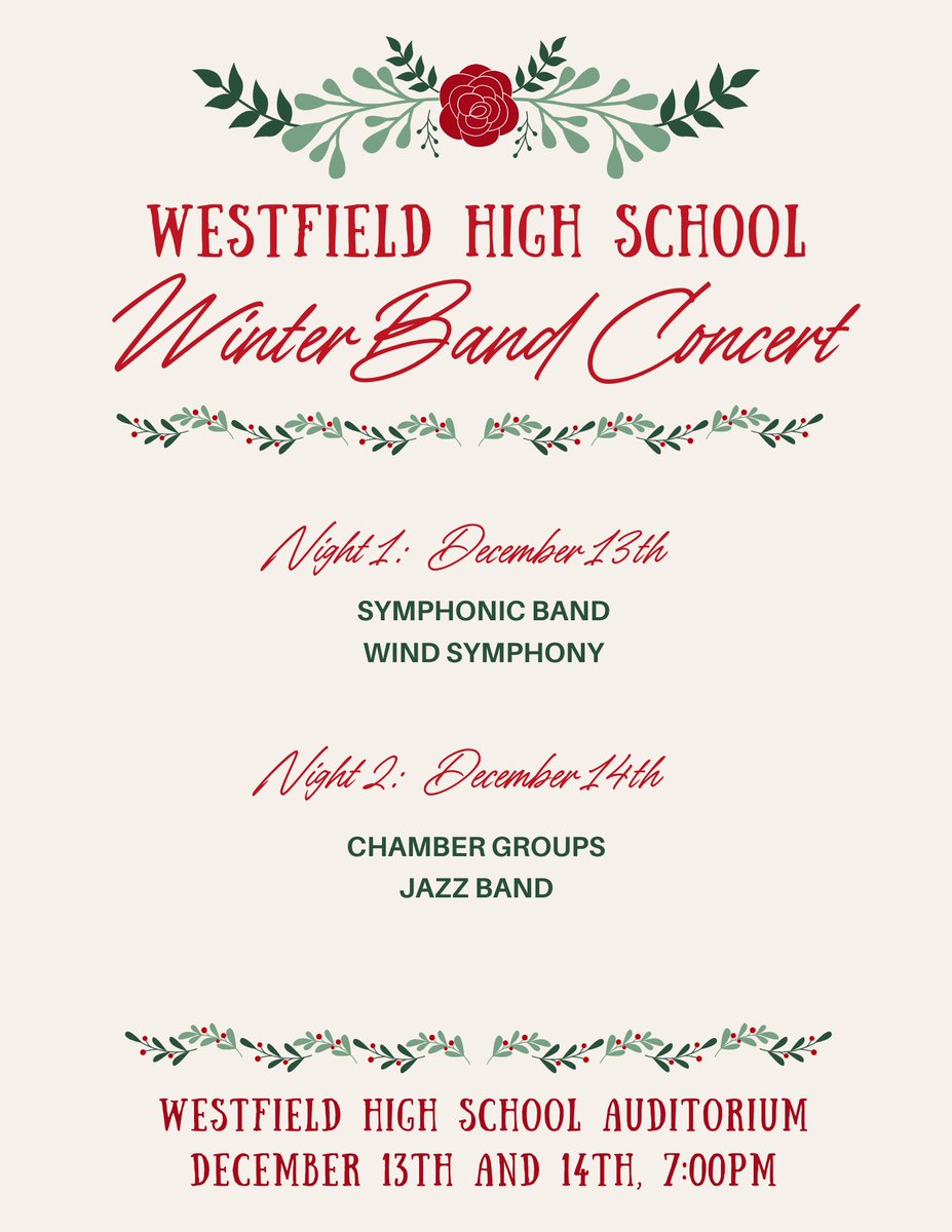 Mark your calendar for this week’s Christmas concerts. See you there!❤️💚 @westfield_hs @T_DiBari