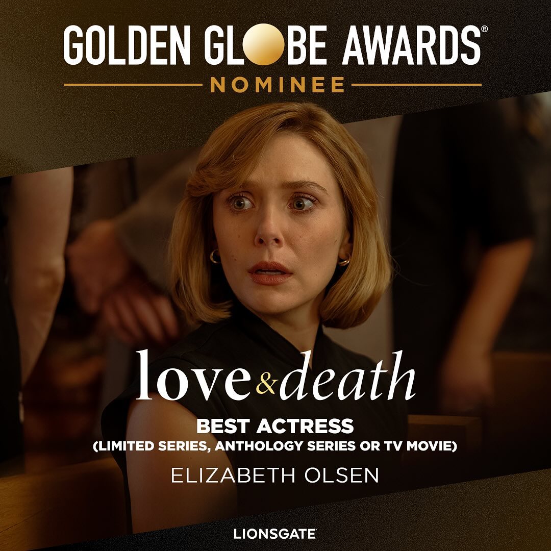 'Felicidades a Elizabeth Olsen por ser nominada a los Globos de Oro por #LoveAndDeath', compartió LionsgateTV hoy en Instagram al referirse a la nominación de Elizabeth Olsen.