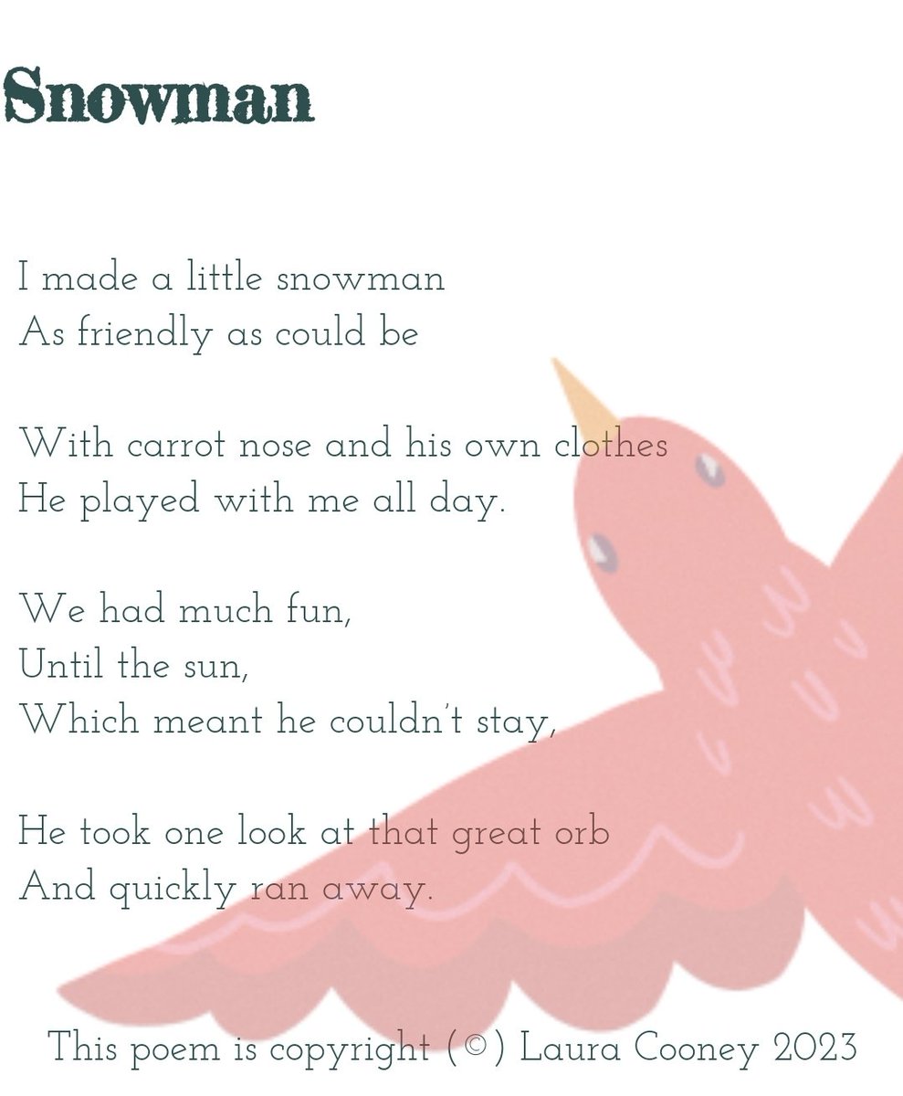 Thrilled to have my second winter poem on the @TheDirigible.

Inspired by my children who fed their tiny snowman berries last week until he was gone. 

He'll be back!

#newpoem
#poetryforchildren
#kidlit
#poem 
#poetrycommunity