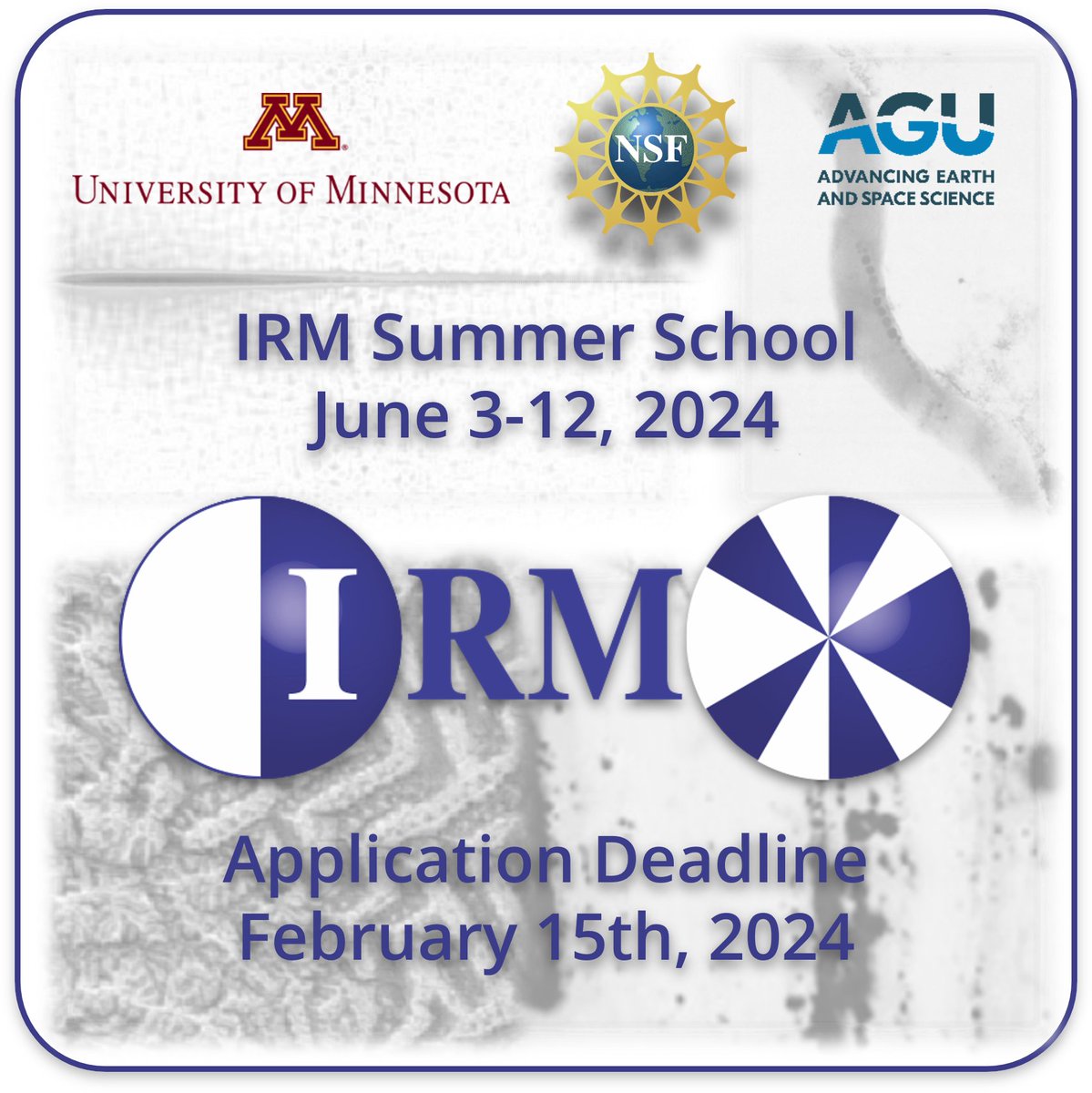 The 2024 IRM Summer School in Rock Magnetism will run from June 3rd-12th at the home of the IRM, the University of Minnesota, Minneapolis. Applications are now open! Deadline Feb 15th 2024. cse.umn.edu/irm/2024-irm-s… @AGUMagnetism @IAGA__AIGA @UMNEarthScience @UMNCSE