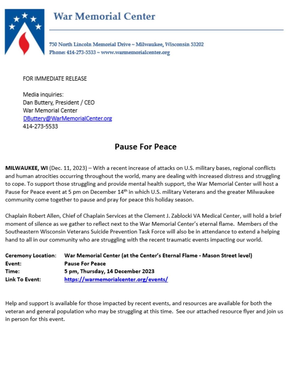 With increased attacks on U.S. military bases and human atrocities occurring throughout the world, many are dealing with increased distress and struggling to cope. Join us and @milwaukeeva 12/14 at 5pm for a Pause for Peace. warmemorialcenter.org/events/