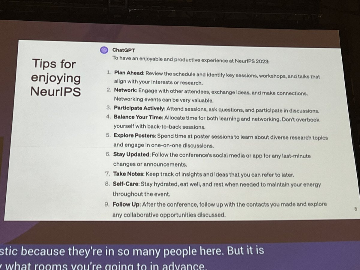 Tips for enjoying #NeurIPS2023 according to our lord and savior ChatGPT 🤓 Quite legit!