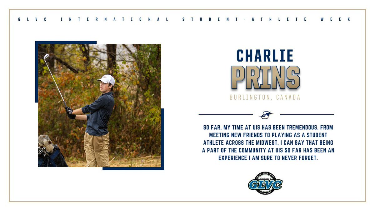 We're kicking off GLVC International Student-Athlete Week with a spotlight of Charlie Prins, a @UISGolf student-athlete from Burlington, Canada 🤩 Charlie is a communication major with a minor in sports management 📚 #WeAreStars | #GLVCinternational