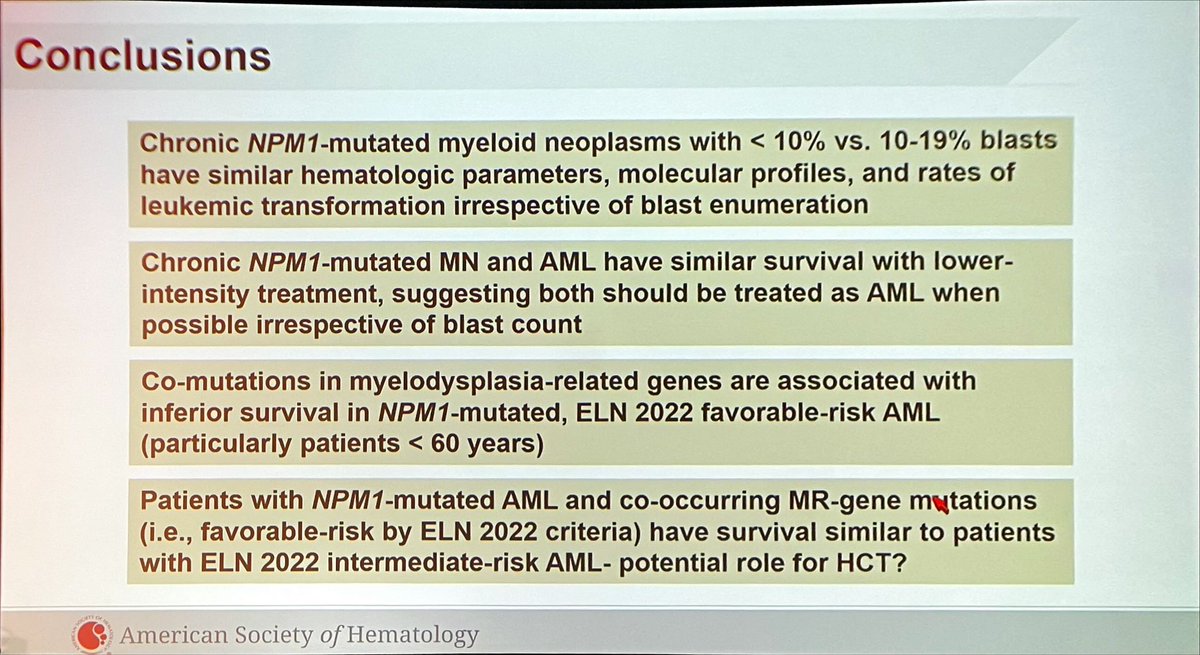 So proud of @CLachowiez for the beautiful presentation of this study. He absolutely rocked it 💪🏼💪🏼🥂 Conclusions 👇🏼 These are directly relevant to how we diagnose and treat NPM1 mut myeloid neoplasms. #ASH23 @ASH_hematology #MDSsm #Leusm