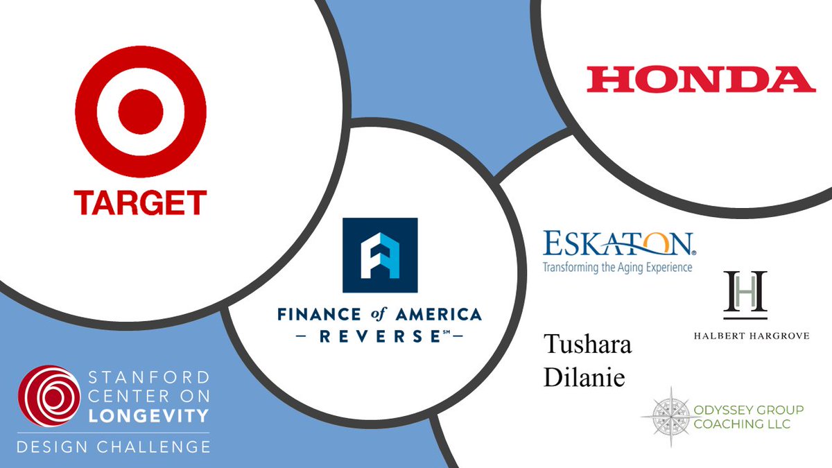 The <a href="/StanfordLngLife/">Stanford Center on Longevity Design Challenge</a> #DesignChallenge is not possible without the support of our sponsors!👏

Thanks to the 2023-2024 sponsors: <a href="/FinAmReverse/">Finance of America Reverse LLC</a>, <a href="/Target/">Target</a>, <a href="/Honda/">Honda</a>, <a href="/HhAdvisor/">HHAdvisor</a>, <a href="/Eskaton/">Eskaton</a>, <a href="/BarbaraWaxman/">Barbara Waxman MS, MPA, PCC</a> and Tushara Dilanie.

🤝Learn about #longevity sponsorship: longevity.stanford.edu/wp-content/upl…
