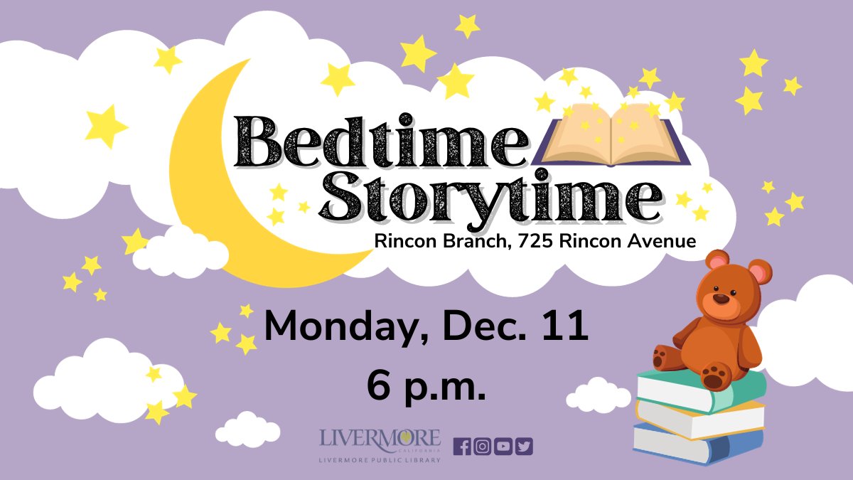 #BedtimeStorytime @ #RinconLibrary Dec. 11 @ 6pm. Enjoy bedtime stories, songs & rhymes. Pajamas & cuddle toys encouraged. #RinconBranchLibrary is at 725 Rincon Ave. #Livermore CA 94551 in #MayNissenPark. Call 925-373-5540 for more info.
📖 🧸
#FreeEvent #LibraryFun #KidsBooks