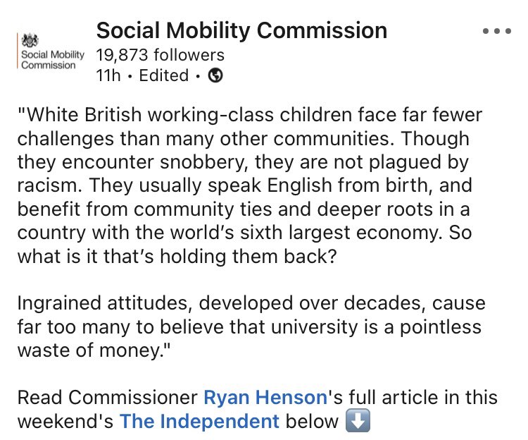 .@SMCommission - wow, blaming lack of success on “ingrained attitudes”. You’d only get away with that talking about the white working class. 

Instead of snobbish, academic nonsense, let’s focus on what actually matters: cutting tax on lower incomes and incentivizing work.
