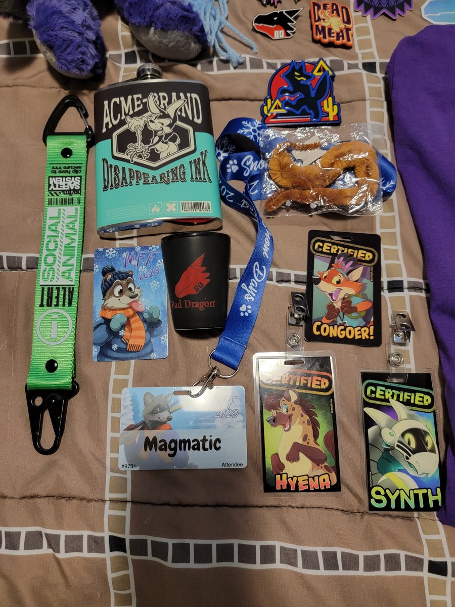 magyeena's tweet photo. Extremely late loot post for #MFF2023 #FurFest. Mostly picked up stickers this time from trading with people, but also some shirts and other fun goodies! Loving the Howl Out stuff. https://t.co/izjwTwOFEJ