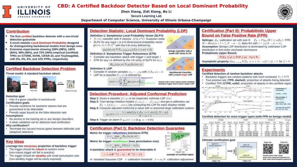 Backdoor detection can also be CERTIFIED! Excited to share our work on the first certified backdoor detector with detection guarantees @ #NeurIPS2023 . Please visit our poster #1619 on 12/13 (Wed) from 10:45 am to 12:45 pm in Great Hall & Hall B1+B2 (level 1).