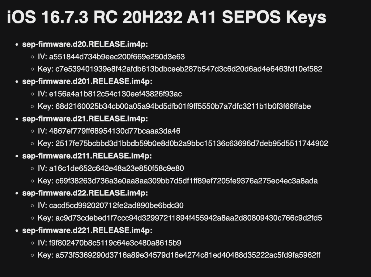 Cryptiiiic's tweet photo. iOS 16.7.3 RC 20H232 A11 SEPOS Keys
https://t.co/GwfqviAst9
sha256:be339d62284170935b92ce0a51168eb0a60eed1bfd34765ec1ddaa9541a827ef https://t.co/q2JWRrHKh4