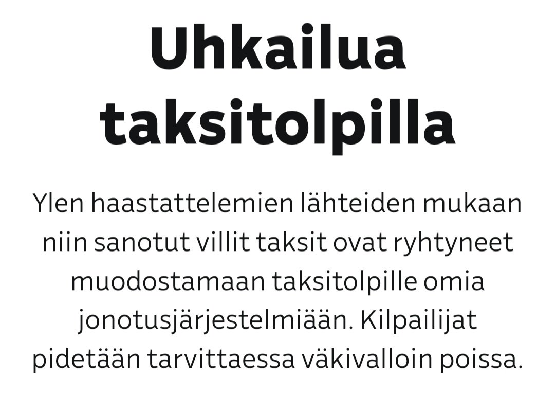 Uhkailua, väkivaltaa ja reviirejä - melko vapaasti saa Bernerin uudistuksen taksikuskit tolpilla mellastaa 😑

yle.fi/a/74-20064460?…