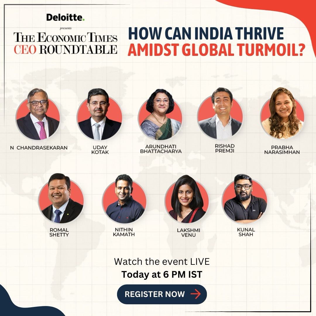 Economic Times (@economictimes) on Twitter photo The #ETCEORoundtable brings together top leaders from corporate India to discuss 'How Can India Thrive Amidst Global Turmoil?' Watch the event LIVE today at 6 PM.
Visit - bit.ly/48exyki
<a href="/udaykotak/">Uday Kotak</a> <a href="/RishadPremji/">Rishad Premji</a> <a href="/RomalShetty/">Romal Shetty</a> <a href="/Nithin0dha/">Nithin Kamath</a> <a href="/kunalb11/">Kunal Shah</a> <a href="/TataCompanies/">Tata Group</a> <a href="/CP_News/">Colgate-Palmolive</a> The #ETCEORoundtable brings together top leaders from corporate India to discuss 'How Can India Thrive Amidst Global Turmoil?' Watch the event LIVE today at 6 PM.
Visit - bit.ly/48exyki
<a href="/udaykotak/">Uday Kotak</a> <a href="/RishadPremji/">Rishad Premji</a> <a href="/RomalShetty/">Romal Shetty</a> <a href="/Nithin0dha/">Nithin Kamath</a> <a href="/kunalb11/">Kunal Shah</a> <a href="/TataCompanies/">Tata Group</a> <a href="/CP_News/">Colgate-Palmolive</a>