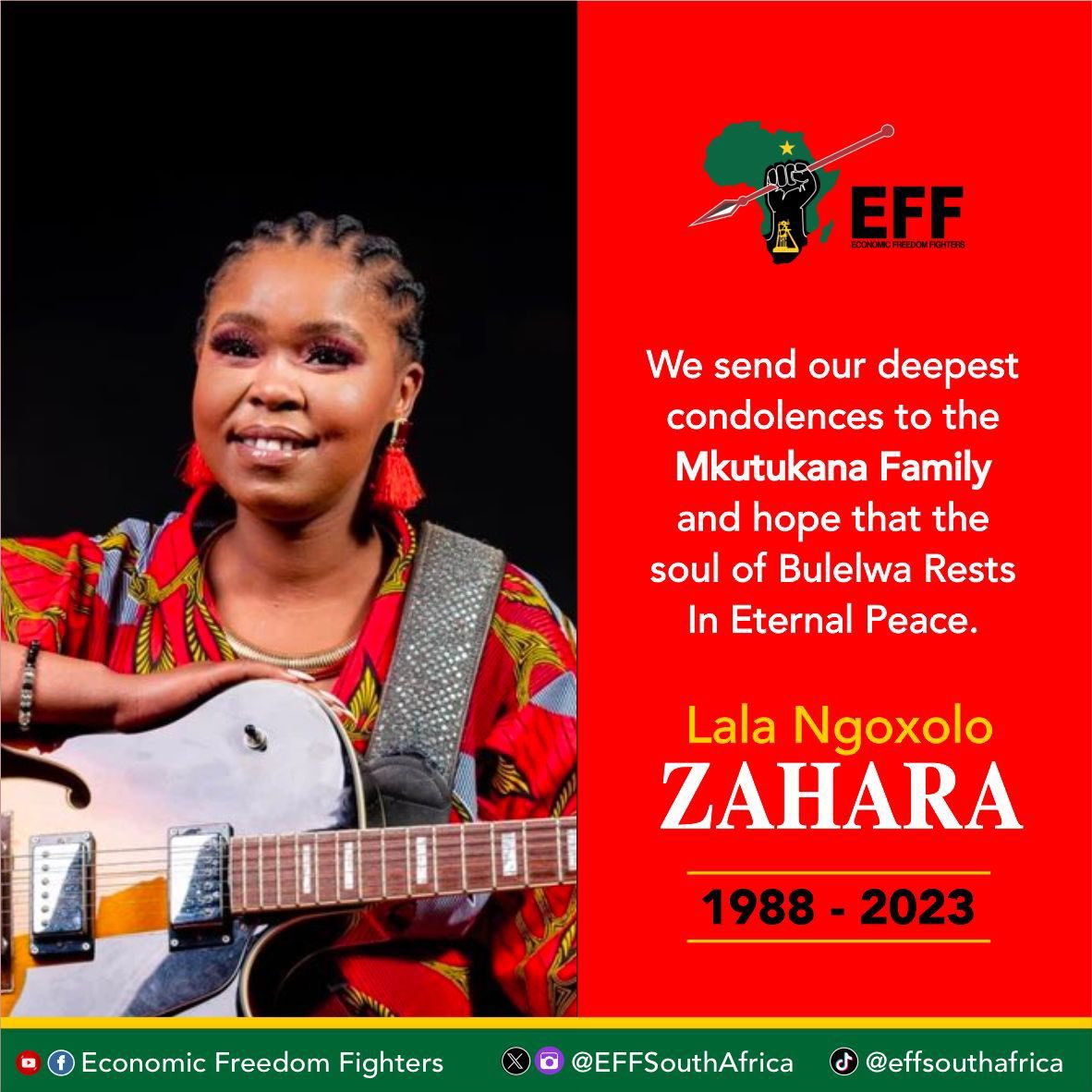 EFFSouthAfrica's tweet image. Lala Ngoxolo Ma&apos;Sthathu! 

Inkosi Mayikuphendule Ungene ngoLoliwe Ezulwini.

#RIPZahara