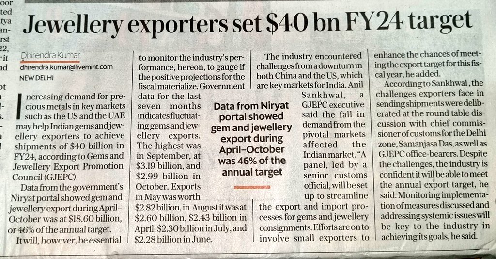 Jewellery exporters set $40 billion target for FY24

April to Oct export was $18.60 bn which is 40% of the annual target

#vaibhavglobal
#rajeshexports

Add more names 👇
