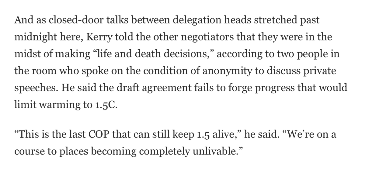 In a deep-into-the-night closed-door meeting at COP28, John Kerry told other negotiators they were making 'life and death' decisions, and that this is the last year where the goal of 1.5 could be kept alive. washingtonpost.com/climate-enviro…