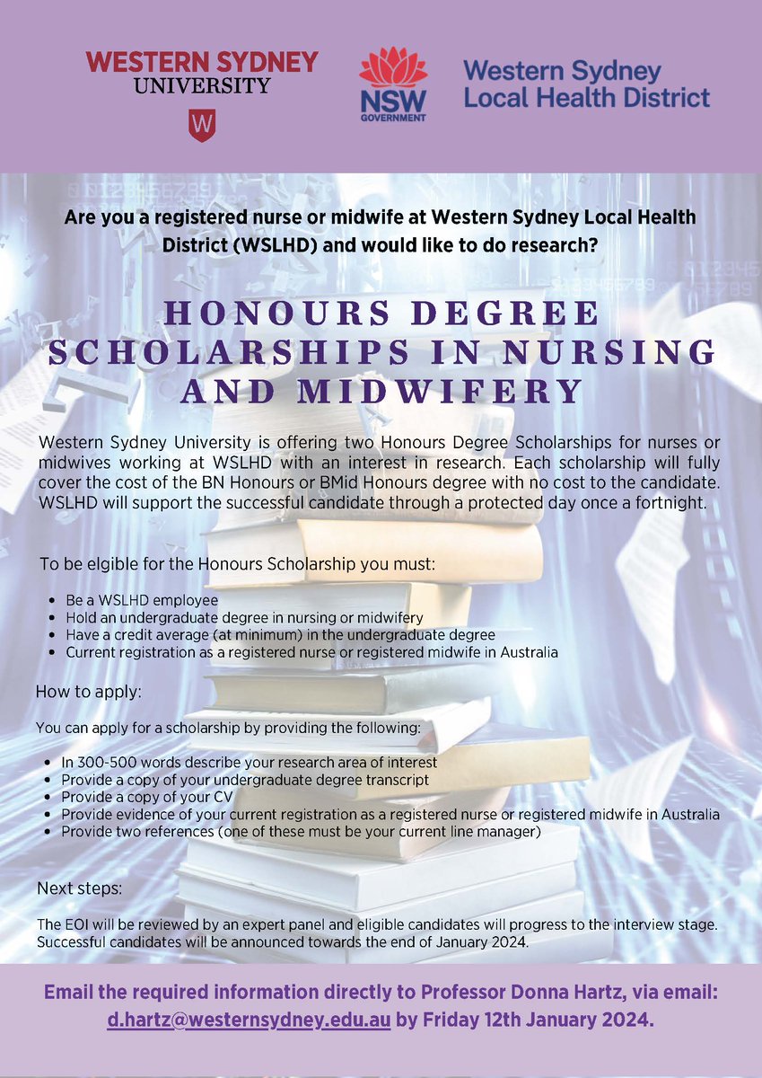 A generous opportunity for  Western Sydney Local Health District, Nurses and Midwives to undertake an Honours Research Degree with <a href="/westernsydneyu/">Western Sydney University</a>, School of Nursing and Midwifery. Scholarships to cover fees and worktime allocation by WSLHD. <a href="/RENWestmead/">WSLHD Research and Education Network</a> <a href="/hannahdahlen/">Hannah Dahlen AM</a>
