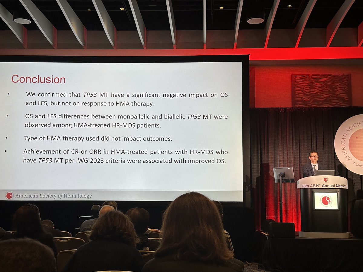 .@tariqkewan presents a review of VALIDATE database of #MDS pts with TP53 treated with HMA #ASH23 ▶︎TP53 has a negative impact on survival, but not on response to HMA ▶︎Patients with TP53 have poor outcomes and need of new therapies @SmilowCancer @YaleHemOnc @YaleHematology
