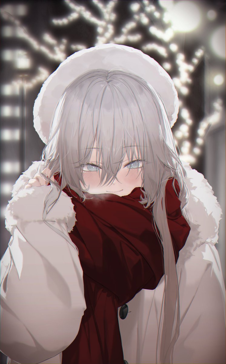 1girl solo red scarf scarf hat coat blurry  illustration images