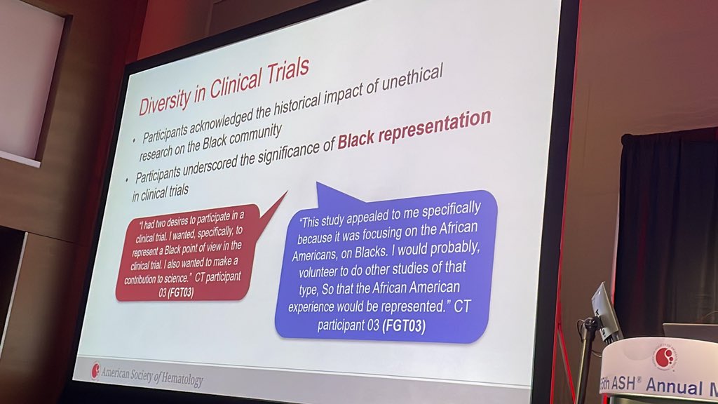 #ASH23 @ShakiraG_MBBS rocking the room as usual with a powerful study of Black patients and #MMsm trials. Even a trial participant half-jokingly wondered whether he’d be “up against a firing squad” 🙁 Reframing on OS may help, but Black-specific cohorts help the most!!
