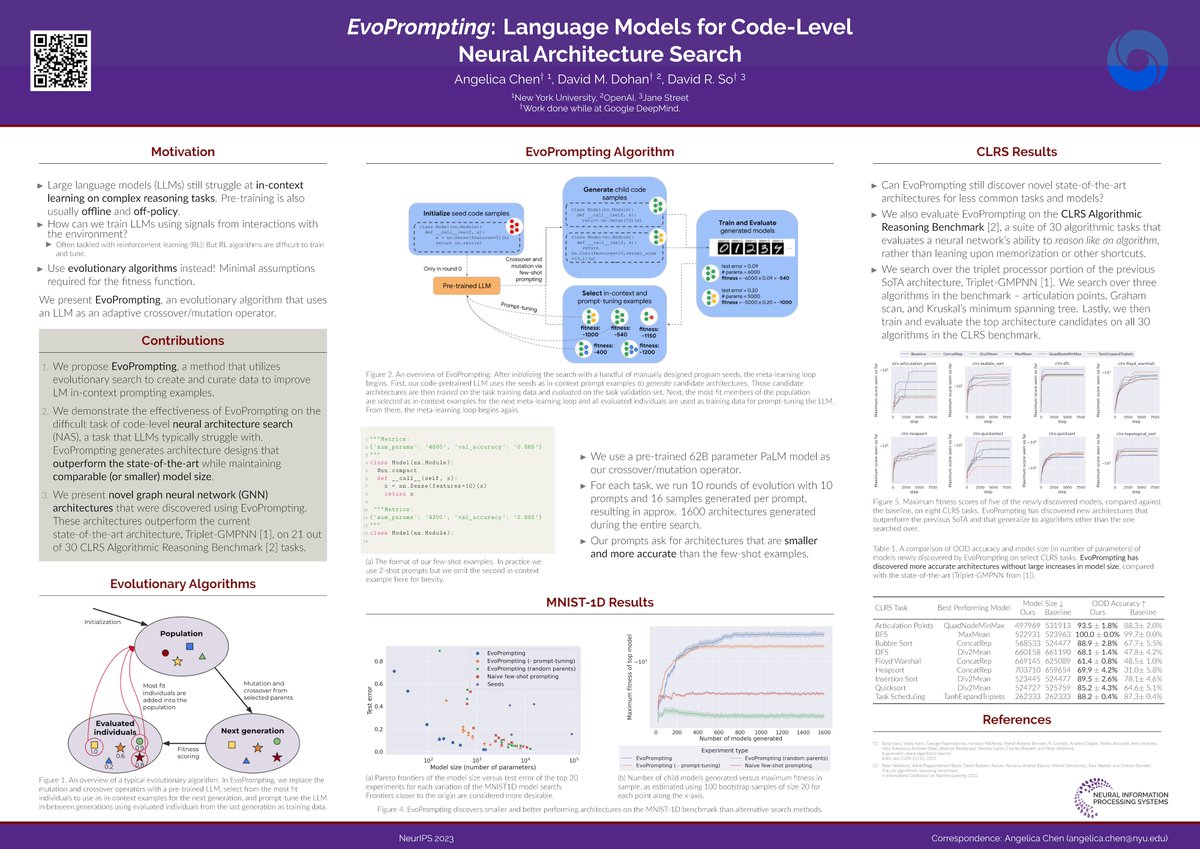 Presenting two posters at #NeurIPS2023, come by! 10:45am-12:45pm for both - #527 Tuesday @ poster session 1: 'Training Chain-of-Thought via Latent-Variable Inference' - #332 Thursday @ poster session 5: 'EvoPrompting: Language Models for Code-Level Neural Architecture Search'