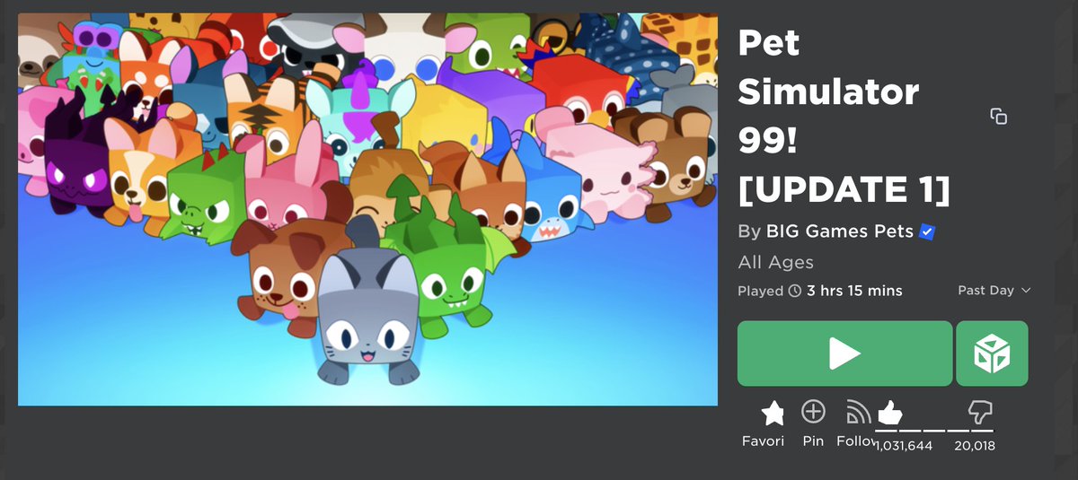 Pet Simulator 99 has reached 1 million likes!