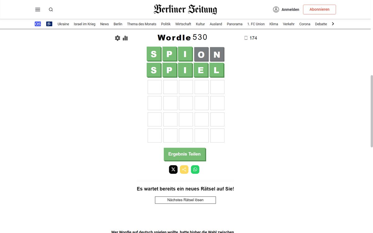Olivia Turner (@oliviaturner108) on Twitter photo #German #Deutsches #Wordle
It worked out well.
#Wordle530 2/6 🪄174
berliner-zeitung.de/wordle
#dailywordle <a href="/dor_mr/">Mr.Dor</a> <a href="/daydreamerNI/">Dawn</a> <a href="/aedin_doyle/">Aedín Doyle</a> <a href="/SueSuzieq4/">Sue Davidson</a> @LisaB989 <a href="/Non14779/">Niamh</a> <a href="/ginosma/">Lynne Clark 🇮🇹🏴</a> <a href="/Shanaliag/">ShanaliaG</a> <a href="/sherr_windy/">Sherr Winchester ❤️🩹</a> <a href="/ArturoYee1/">Arturo Yee</a> @missyDatahound <a href="/Stania09/">Tania</a> <a href="/SteffFin/">FinFinn</a> @MOBrienEnnis @TippFan2 #German #Deutsches #Wordle
It worked out well.
#Wordle530 2/6 🪄174
berliner-zeitung.de/wordle
#dailywordle <a href="/dor_mr/">Mr.Dor</a> <a href="/daydreamerNI/">Dawn</a> <a href="/aedin_doyle/">Aedín Doyle</a> <a href="/SueSuzieq4/">Sue Davidson</a> @LisaB989 <a href="/Non14779/">Niamh</a> <a href="/ginosma/">Lynne Clark 🇮🇹🏴</a> <a href="/Shanaliag/">ShanaliaG</a> <a href="/sherr_windy/">Sherr Winchester ❤️🩹</a> <a href="/ArturoYee1/">Arturo Yee</a> @missyDatahound <a href="/Stania09/">Tania</a> <a href="/SteffFin/">FinFinn</a> @MOBrienEnnis @TippFan2