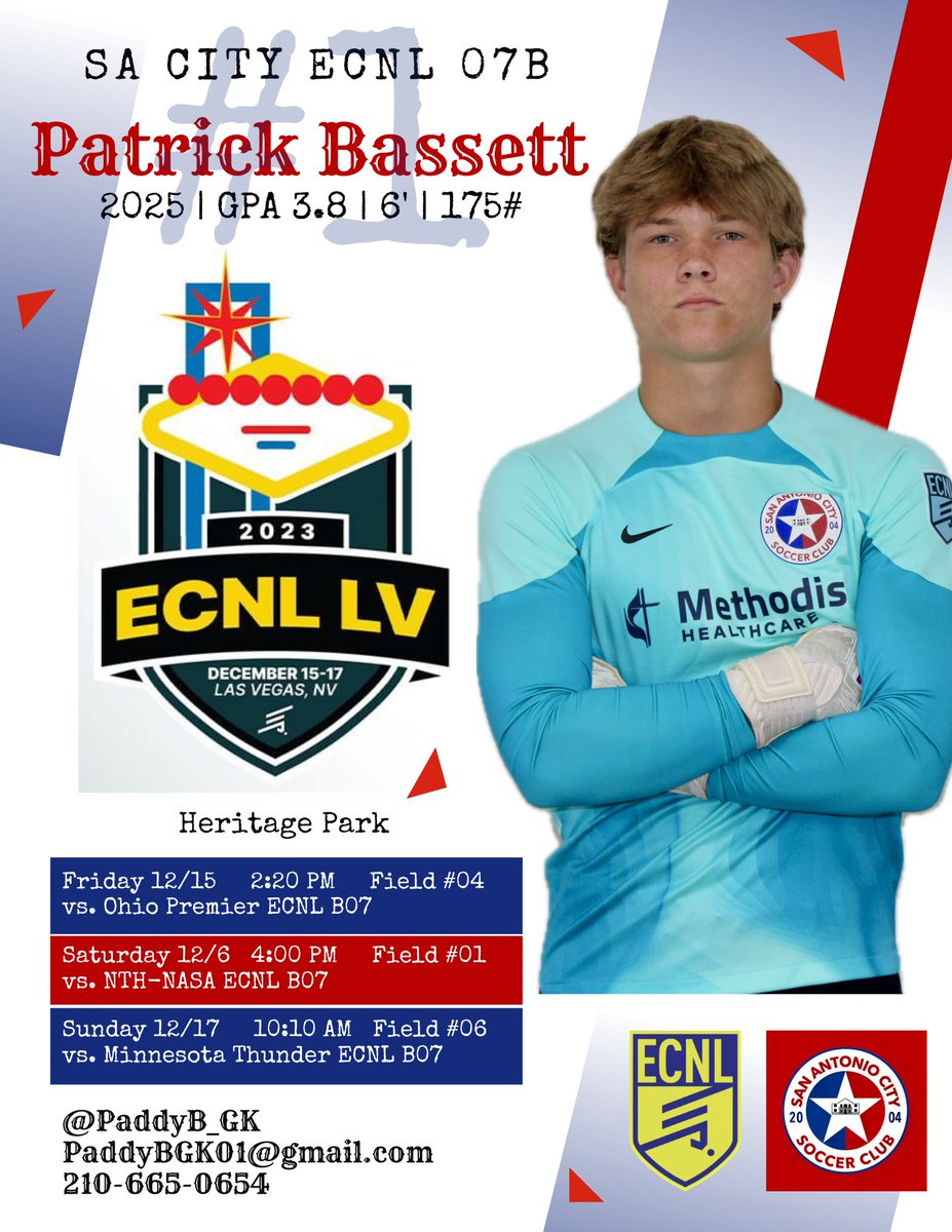 Patrick Bassett (@paddyb_gk) on Twitter photo Excited to play in the ECNL Las Vegas Showcase this weekend! 🧤🥅⚽️
<a href="/AdrianoAllain1/">Adriano Allain</a> <a href="/sacitysc/">San Antonio City Soccer Club</a> <a href="/ECNLboys/">ECNL Boys</a> <a href="/6a_28/">SA High School & Club Soccer</a> Excited to play in the ECNL Las Vegas Showcase this weekend! 🧤🥅⚽️
<a href="/AdrianoAllain1/">Adriano Allain</a> <a href="/sacitysc/">San Antonio City Soccer Club</a> <a href="/ECNLboys/">ECNL Boys</a> <a href="/6a_28/">SA High School & Club Soccer</a>
